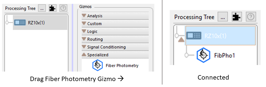 Drag and drop fiber photometry gizmo for the RZ10x from TDT\'s
Synapse Software