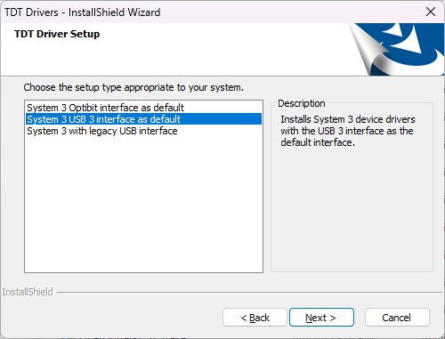 TDT Driver Setup with USB 3 selected