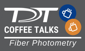 Two line drawings of coffee cups with the words "TDT Coffee Talks - Fiber Photometry"