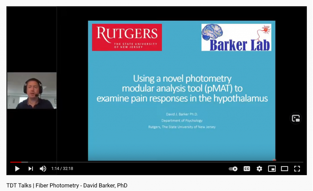 screenshot of David Barket preseting on Fiber Photometry during a TDT Talks presentation