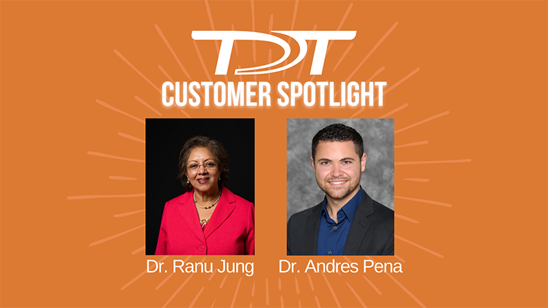 Images of Drs. Jung and Pena on an orange background with the text in white "TDT Customer Spotlight" and their names underneath.